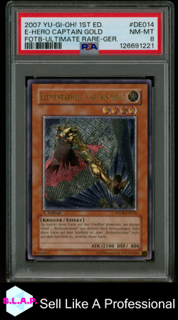 E-HERO CAPTAIN GOLD FOTB-ULTIM RARE-GER. YU-GI-OH FORCE THE B3EAK 2007 014 PSA 8 - Image 1