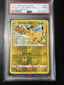 2022 POKEMON SWORD & SHIELD SILVER TEMPEST #049 PIKACHU-REVERSE FOIL PSA 9 - Image 1