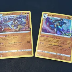 Pokemon TCG: SWSH 2 Card Lot- Machamp And Lucario Prerelease Stamped Promos - Image 1
