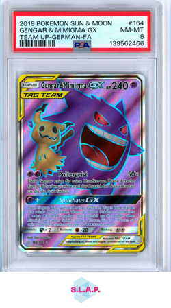GENGAR & MIMIGMA GX GERMAN-FA POKEMON SUN & MOON TEAM UP 2019 164 PSA 8 - Image 1