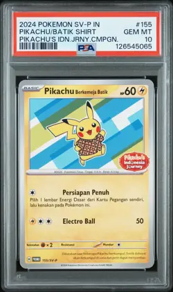 POKEMON INDONESIAN SV-P PROMO #155 PIKACHU IN BATIK SHIRT PSA 10 w/ Card Guard! - Image 1