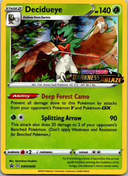 Pokemon Card - Decidueye SWSH035 Darkness Ablaze Prerelease Black Star Promo - Image 1