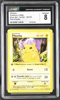 CGC 8 Pikachu Base Set Shadowless 1st Edition 58/102 Red Cheeks Pokemon Card - Image 1