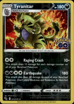 Tyranitar Reverse Holo Rare Pokemon GO 043/078 NM - Image 1