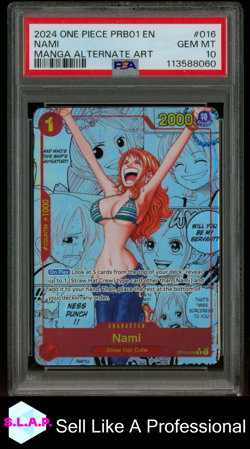 NAMI MANGA ALT ART ONE PIECE PRB01 PREM BOOST CARD THE BEST 2024 016 PSA 10 - Image 1