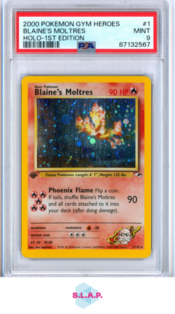 BLAINES MOLTRES POKEMON 1/132 2000 GYM HEROES 1. EDITION HOLO ENGLISH PSA 9 - Image 1