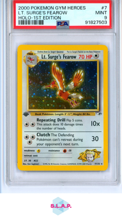 LT. SURGES FEAROW POKEMON 7/132 2000 GYM HEROES 1. EDITION HOLO ENGLISH PSA 9 - Image 1