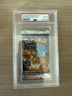 1999 POKEMON BASE SET UNLIMITED-THICK FONT CHARIZARD PACK PSA 8 - Image 1