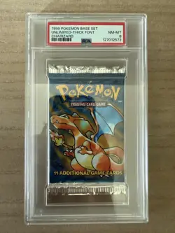 1999 POKEMON BASE SET UNLIMITED-THICK FONT CHARIZARD PACK PSA 8 - Image 1