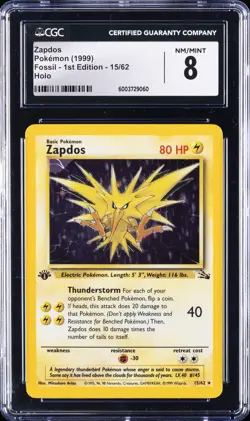 1999 POKEMON FOSSIL 1ST ED #15 ZAPDOS-HOLO CGC 8 - Image 1