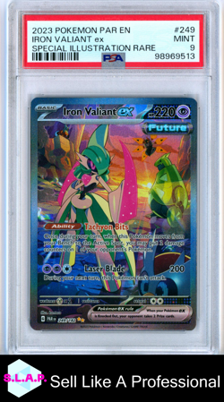 IRON VALIANT EX SPECI4L ILL RARE POKEMON PAR EN-PARADOX RIFT 2023 249 PSA 9 - Image 1