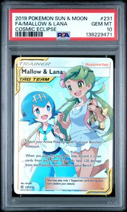 2019 Pokemon Sun & Moon Cosmic Eclipse Mallow & Lana 231/236 PSA 10 Gem Mint - Image 1