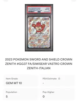 POKEMON PSA 10 SIMISEAR VASTRO FULL ART GG37/GG70 ZENIT REGALE ITALIANO LOW POP - Image 4