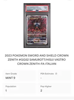 POKEMON PSA 9 SAMUROTT VASTRO FULL ART GG52/GG70 ZENIT REGALE ITALIANO LOW POP🌍 - Image 4