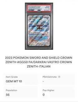 POKEMON PSA 10 DARKRAI VASTRO FULL ART GG50/GG70 ZENIT REGALE ITALIANO LOW POP🌍 - Image 4