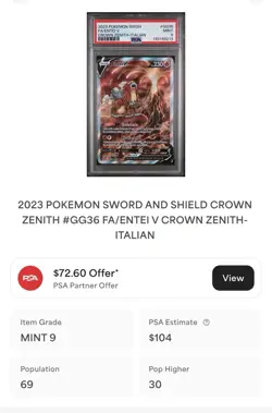 POKEMON PSA 9 ENTEI V FULL ART GG36/GG70 ZENIT REGALE ITALIANO 2023 LOW POP!🌍 - Image 4