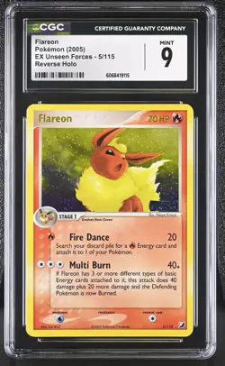 CGC 9 MINT Flareon 2005 EX Unseen Forces 5/115 Reverse Holo STAMPED Pokemon Card - Image 1