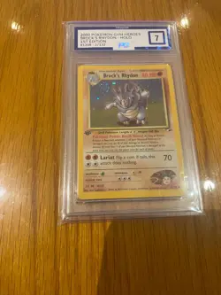 PG 7 MINT Brock's Rhydon Gym Heroes 1st Edition 2/132 Holo Pokemon Card - Image 1