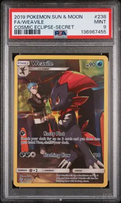2019 POKEMON SUN & MOON COSMIC ECLIPSE SECRET #238 FULL ART/WEAVILE PSA 9 - Image 1