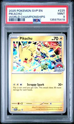 2025 POKEMON SVP EN-SV BLACK STAR PROMO WORLD CHAMPIONSHIPS #225 PIKACHU PSA 9 - Image 1