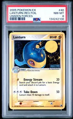 2005 POKEMON EX UNSEEN FORCES #40 LANTURN-REVERSE FOIL PSA 8 - Image 1