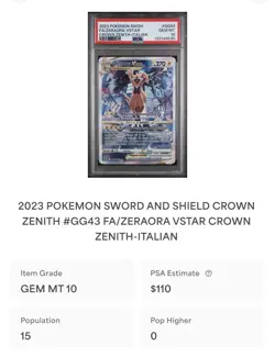 POKEMON PSA 10 ZERAORA VASTRO FULL ART GG43/GG70 ZENIT REGALE ITALIANO LOW POP - Image 4