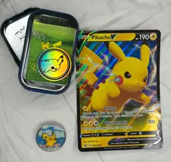 Pikachu Tin Pokemon GO + Balloons lapel Pin + Insert Card + Jumbo V Card + Coin - Image 1