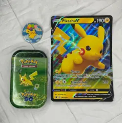 Pikachu Tin Pokemon GO + Balloons lapel Pin + Insert Card + Jumbo V Card + Coin - Image 2