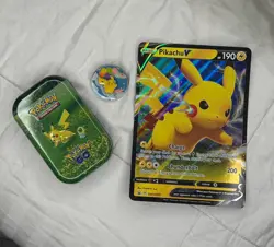 Pikachu Tin Pokemon GO + Balloons lapel Pin + Insert Card + Jumbo V Card + Coin - Image 4