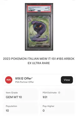 POKEMON PSA 10 ARBOK EX ULTRA RARE 185/165 SET 151 ITALIANO 2023 LOW POP!🌍 - Image 4