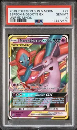 2019 POKEMON SUN & MOON UNIFIED MINDS #72 ULTRA RARE ESPEON & DEOXYS GX PSA 10 - Image 1