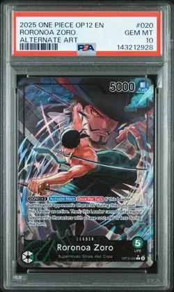 2025 One Piece OP12 EN Roronoa Zoro Alternate Art #020 PSA 10 GEM MINT - Image 1