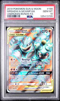 2019 POKEMON SUN & MOON UNBROKEN BONDS FULL ART/MARSHADOW & MACHAMP GX PSA 10 - Image 1