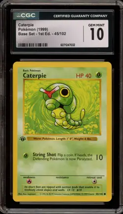 Pokemon Caterpie Base Set Shadowless 1st Edition #45 CGC 10 Gem Mint - Image 1