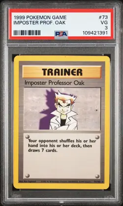 1999 POKEMON BASE SET UNLIMITED #73 IMPOSTER PROFESSOR OAK PSA 3 - Image 1