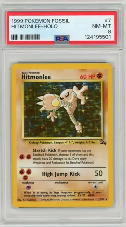1999 POKEMON FOSSIL #7 HITMONLEE-HOLO PSA 8 - Image 1