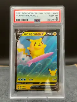 2021 Pokemon Celebrations PSA 10 Surfing Pikachu V #008/025 TCG - Image 1