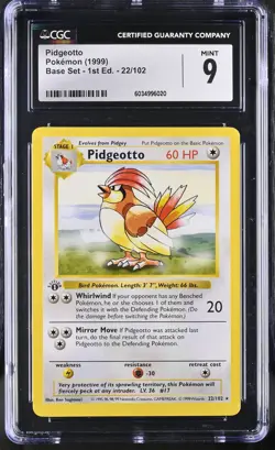Pidgeotto #22 Base Set Pokemon (1999) 1st Edition Shadowless CGC 9 - Image 1
