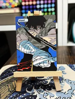 Hand Painted Altered Art Mtg land card Anime Island Warrior Spirit - Image 1