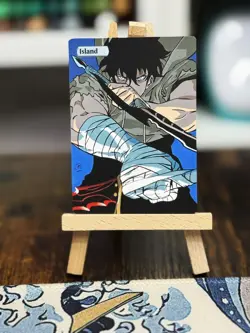 Hand Painted Altered Art Mtg land card Anime Island Warrior Spirit - Image 2