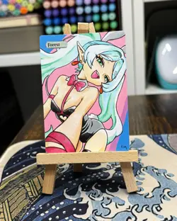 Hand Painted Altered Art Mtg land card Anime girl Forest - Image 2