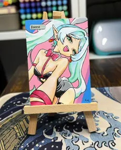 Hand Painted Altered Art Mtg land card Anime girl Forest - Image 3