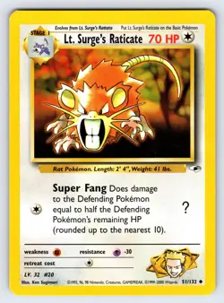 Lt. Surge's Raticate 51/132 Gym Heroes Pokemon Card Vintage WOTC Uncommon Lp/Mp - Image 1