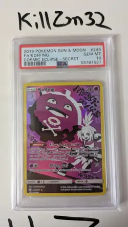 Pokemon Koffing Full Art Secret 243 Sun & Moon Cosmic Eclipse GEM MINT PSA 10 - Image 1