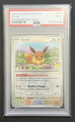 Graded PSA 9 Eevee - (Pokemon Day 2025) (Reverse Cosmos Holo) 074/131 - Image 1