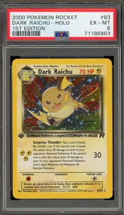 Pokemon Dark Raichu Team Rocket 1st Edition Holo Secret Rare #83 PSA 6 - Image 1