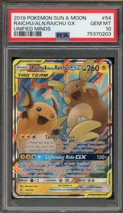 Pokemon Raichu & Alolan Raichu GX Unified Minds Holo Ultra Rare #54 PSA 10 - Image 1