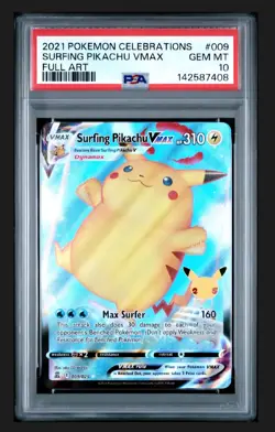 Surfing Pikachu VMAX 009/025 Full Art Holo Pokemon 2021 Celebrations PSA 10 GEM - Image 1