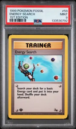 1999 POKEMON FOSSIL 1ST ED #59 ENERGY SEARCH PSA 9 - Image 1