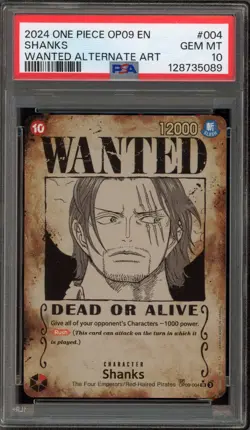 One Piece CCG Shanks Wanted Alternate Art OP09-004 PSA 10 Gem Mint - Image 1
